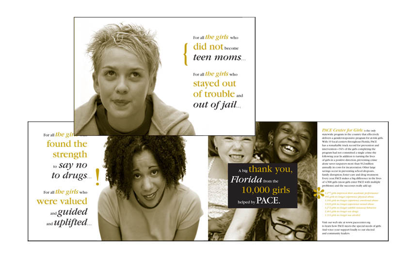 Cover and inside spread of selfmailer for state program that aids at-risk girls | PACE Center for Girls