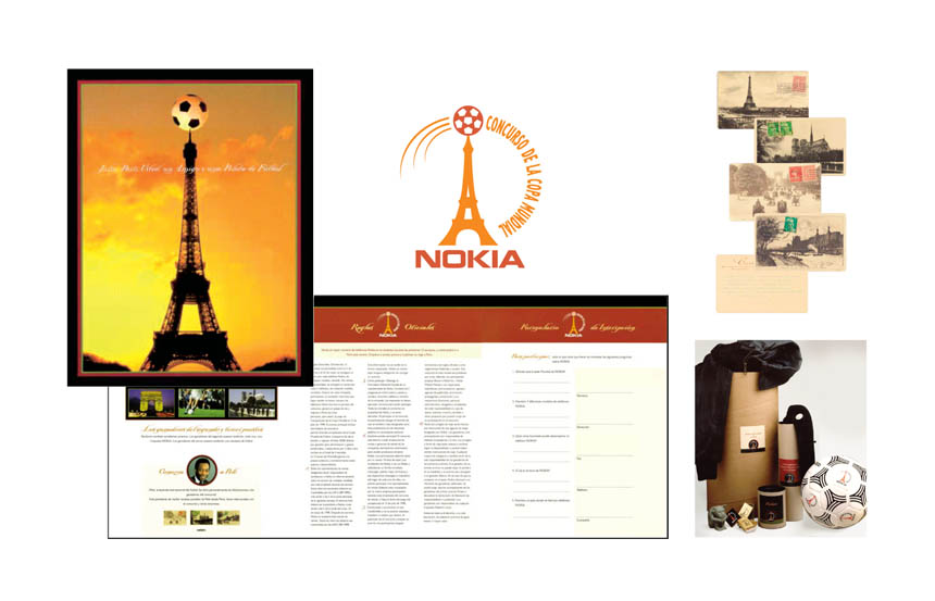 Logo, brochure and promotional items for in-house direct mail in South America. Copy reads: July, Paris, You, A Friend and Soccer.  | Nokia  