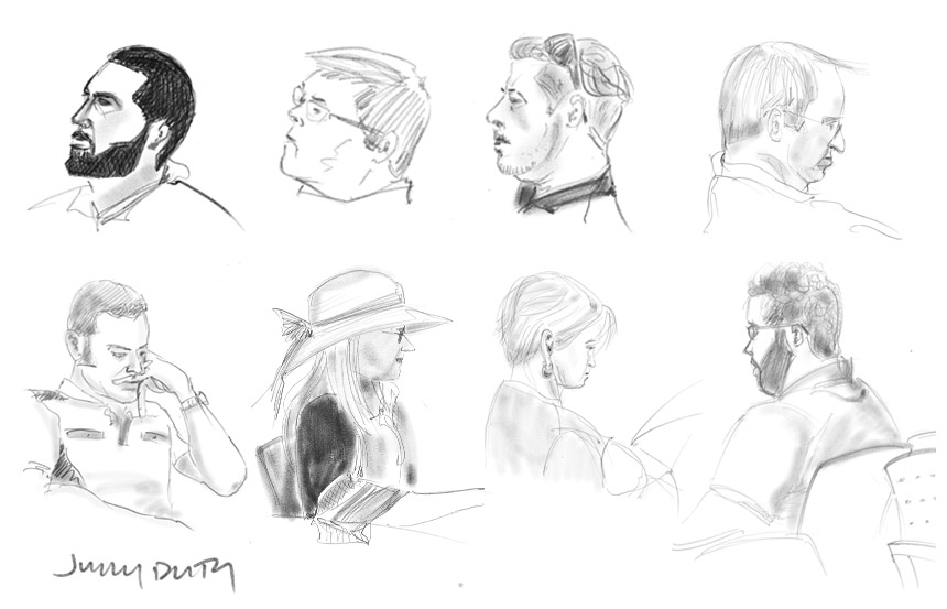 Series of quick drawings done on ipad pro with apple pen in adobe sketch while waiting in the jury pool